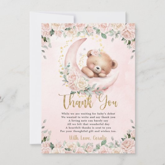 Schattige teddybeer blush roze bloemig meisje Baby Bedankkaart (Voorkant)
