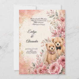 Schattige Teddybeer Bruid en Bruidegom Roze Bloeme Kaart