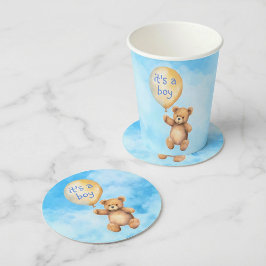 Schattige teddybeer drijvend ballon baby shower ronde kartonnen onderzetter