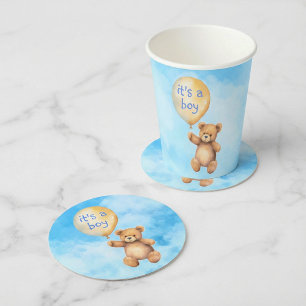 Schattige teddybeer drijvend ballon baby shower ronde kartonnen onderzetter