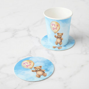 Schattige teddybeer drijvend ballon baby shower ronde kartonnen onderzetter