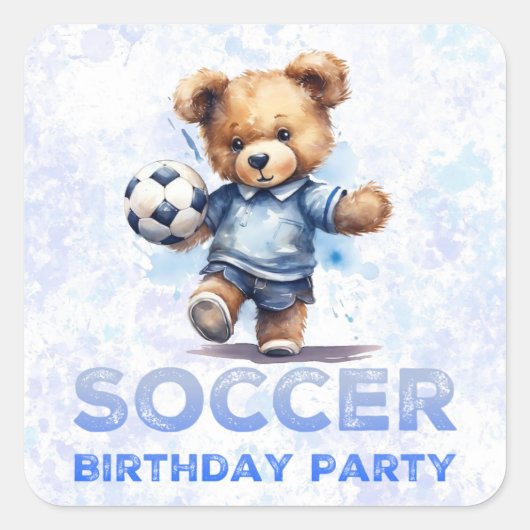 Schattige Teddybeer en Voetbal Verjaardagsfeest Vierkante Sticker (Voorkant)