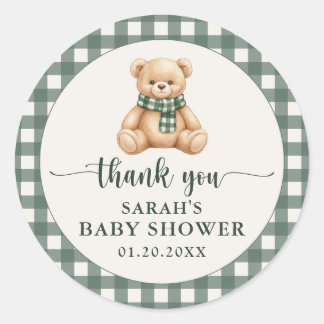 Schattige teddybeer groene ruit baby shower dank j ronde sticker