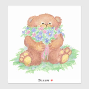 Schattige Teddybeer Holding Bloemen Boeket Sticker