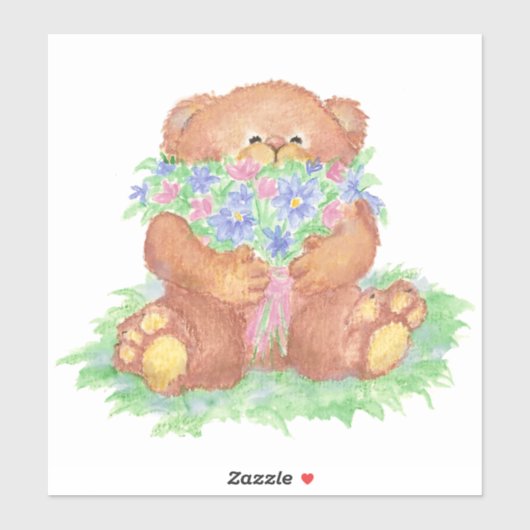 Schattige Teddybeer Holding Bloemen Boeket Sticker (Vel)