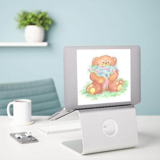 Schattige Teddybeer Holding Bloemen Boeket Sticker (Laptop op bureau)