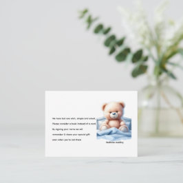 Schattige Teddybeer in blauw bed Baby Boek Aanvraa Informatiekaartje