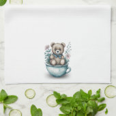 Schattige Teddybeer in theekopje met bloemen Theedoek (Gevouwen)