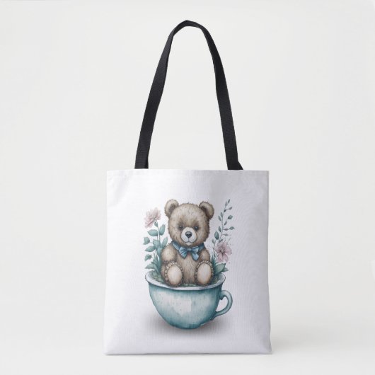 Schattige Teddybeer in theekopje met bloemen Tote Bag (Voorkant)