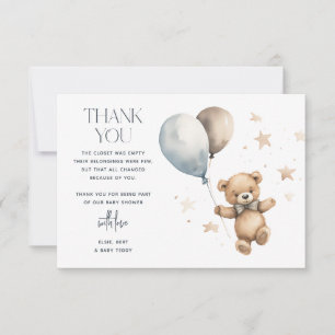 Schattige teddybeer jongens babyshower bedankkaart