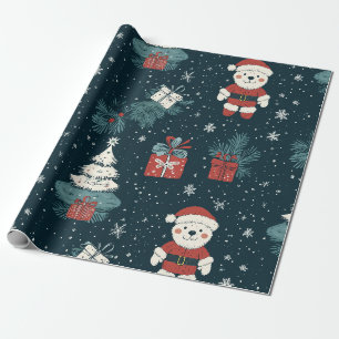 Schattige teddybeer & Kerstman op donkergroen (1) Cadeaupapier
