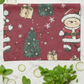 Schattige teddybeer & Kerstman op rood (3) Theedoek (Gevouwen)
