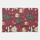Schattige teddybeer & Kerstman op rood (3) Theedoek (Horizontaal)