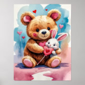 Schattige teddybeer knuffelt konijn met harten poster (Voorkant)