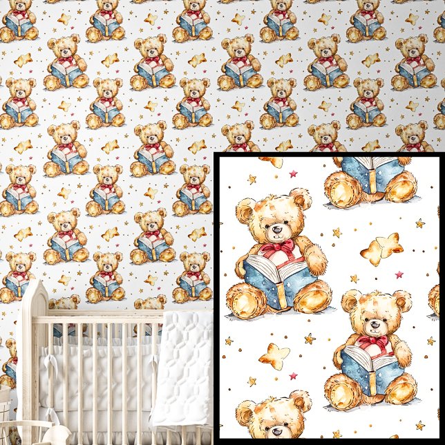 Schattige teddybeer leesboek bruin blauw behang (Creator heeft geüpload)