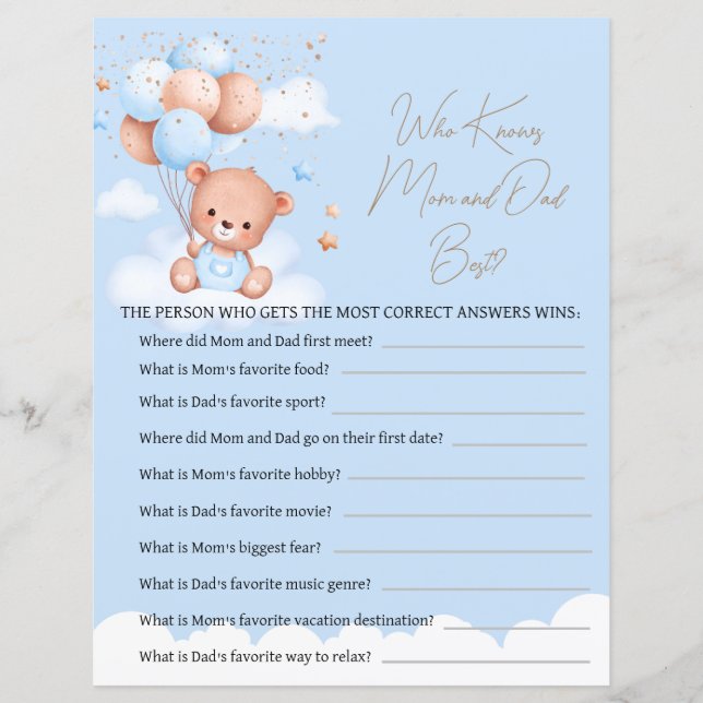 Schattige Teddybeer lichtblauw baby shower spel (Voorkant)