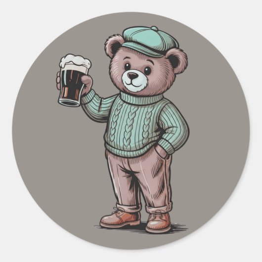Schattige teddybeer met bier ronde sticker (Voorkant)