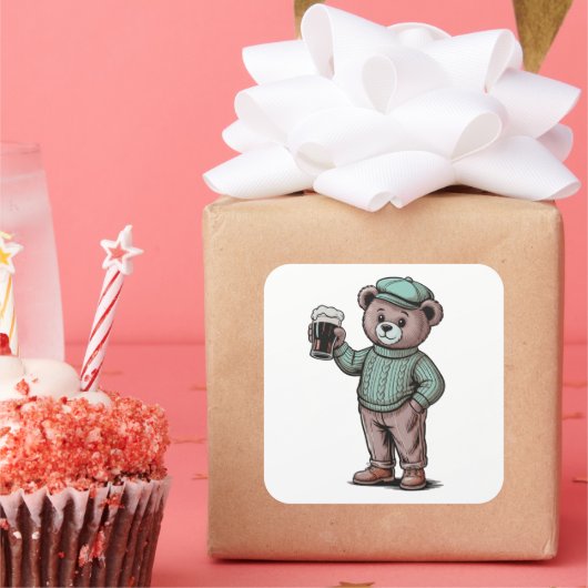 Schattige teddybeer met bier vierkante sticker (Feest)