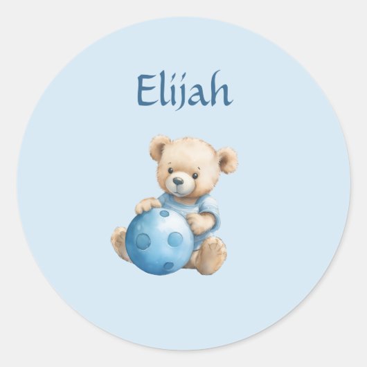 Schattige teddybeer met blauwe bal ronde sticker (Voorkant)