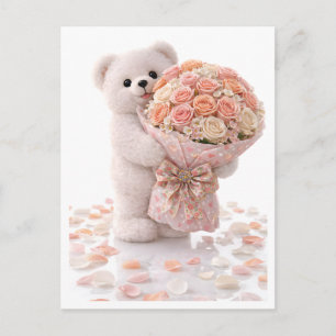 Schattige teddybeer met boeket rozentouwen in blus briefkaart