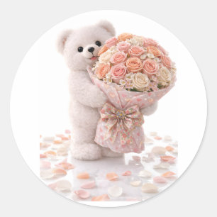 Schattige teddybeer met boeket van blozende perzik ronde sticker