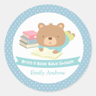 Schattige teddybeer met een boek baby shower ronde sticker