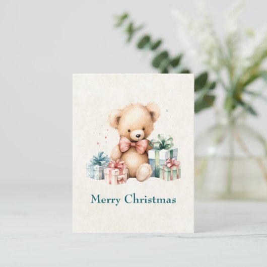 Schattige teddybeer met kerstcadeaus feestdagenkaart (Staand voorkant)