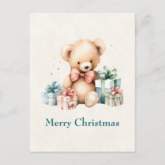 Schattige teddybeer met kerstcadeaus feestdagenkaart (Voorkant)