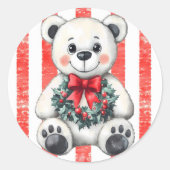 Schattige teddybeer met kerstkrans ronde sticker (Voorkant)