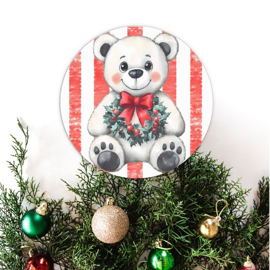 Schattige teddybeer met kerstkrans ronde sticker
