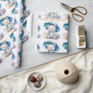 Schattige teddybeer met paraplu jongens babyshower cadeaupapier
