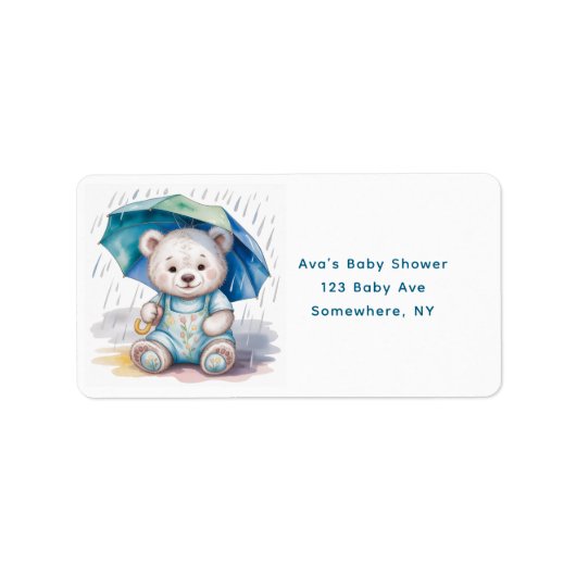 Schattige teddybeer met paraplu jongens babyshower etiket (Voorkant)