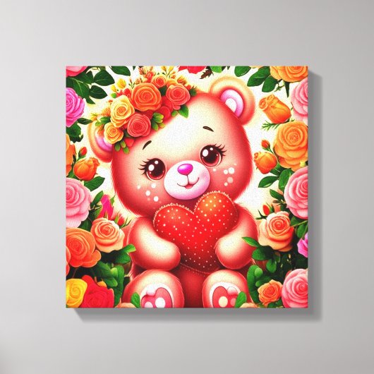 Schattige teddybeer met Rozen en hart Canvas Afdruk (Voorkant)