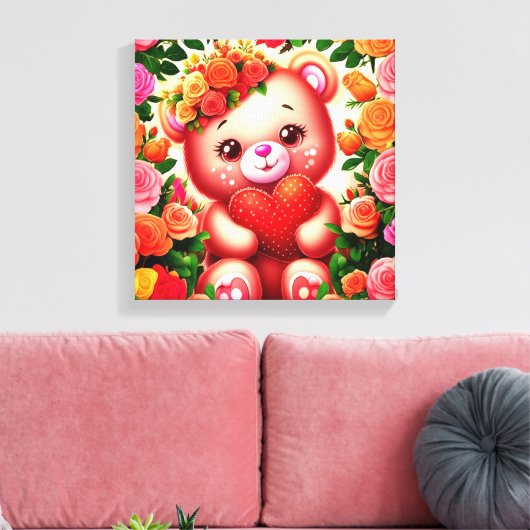 Schattige teddybeer met Rozen en hart Canvas Afdruk (Insitu (Woonkamer))