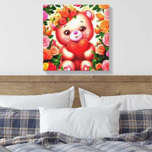 Schattige teddybeer met Rozen en hart Canvas Afdruk (Insitu (Slaapkamer))