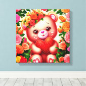 Schattige teddybeer met Rozen en hart Canvas Afdruk (Insitu (Houten vloer))