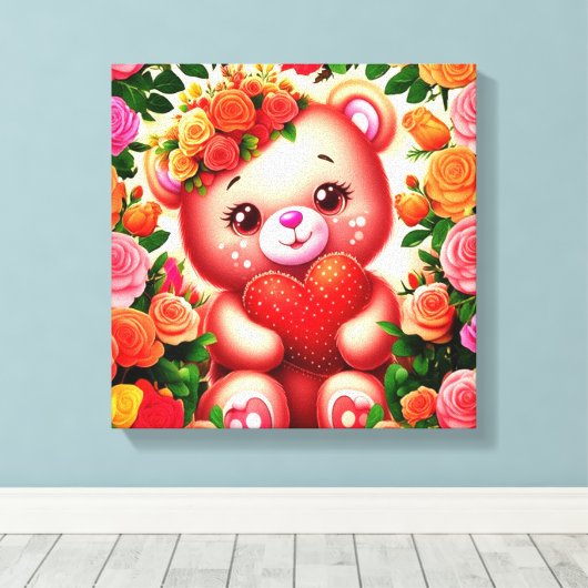 Schattige teddybeer met Rozen en hart Canvas Afdruk (Insitu (Houten vloer))