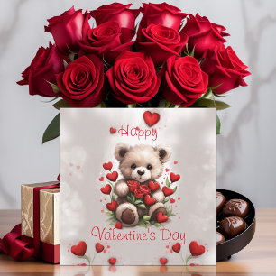 Schattige teddybeer met rozen en harten Valentijns Feestdagenkaart