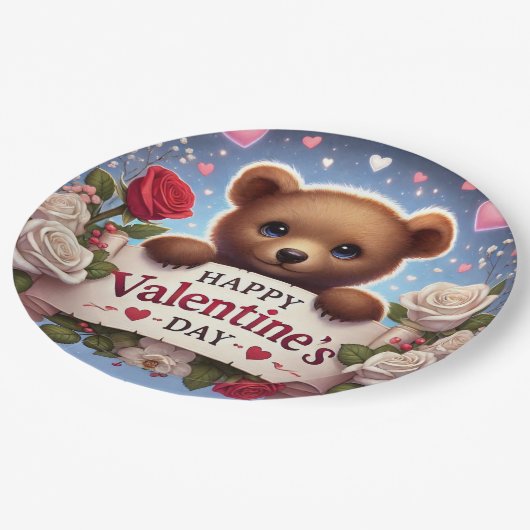 Schattige teddybeer met Rozen Papieren Bordje (Gekanteld)