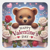 Schattige teddybeer met Rozen Vierkante Sticker (Voorkant)