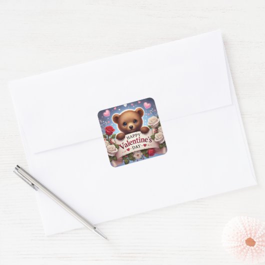 Schattige teddybeer met Rozen Vierkante Sticker (Envelop)