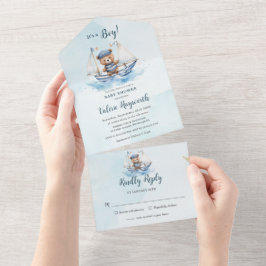 Schattige Teddybeer Nautische Boat Boy Baby shower All In One Uitnodiging