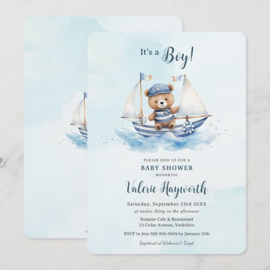 Schattige Teddybeer Nautische Boat Boy Baby shower Kaart (Voorkant / Achterkant)