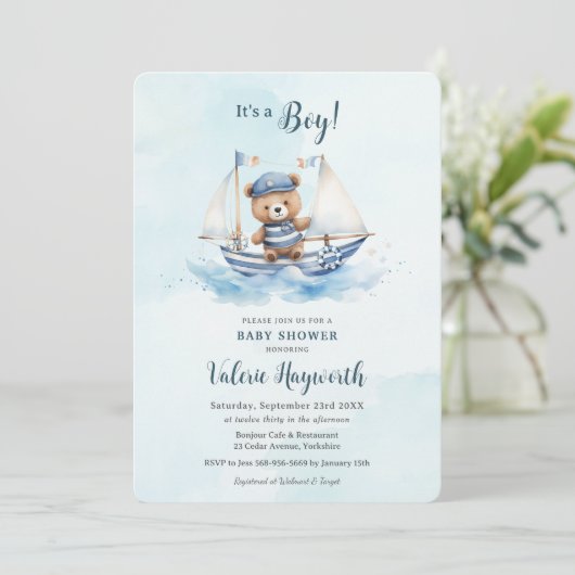 Schattige Teddybeer Nautische Boat Boy Baby shower Kaart (Staand voorkant)
