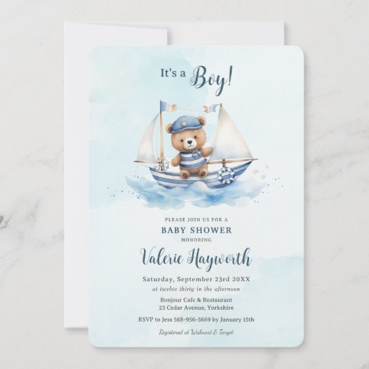 Schattige Teddybeer Nautische Boat Boy Baby shower Kaart (Voorkant)