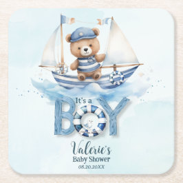 Schattige Teddybeer Nautische Boat Boy Baby shower Kartonnen Onderzetters