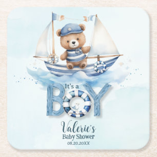 Schattige Teddybeer Nautische Boat Boy Baby shower Kartonnen Onderzetters