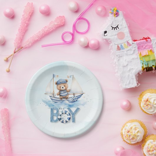 Schattige Teddybeer Nautische Boat Boy Baby shower Papieren Bordje (Feest)