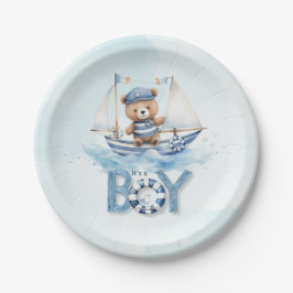 Schattige Teddybeer Nautische Boat Boy Baby shower Papieren Bordje
