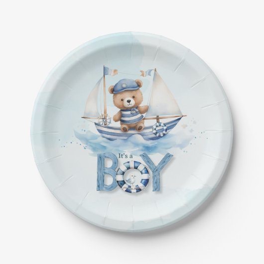 Schattige Teddybeer Nautische Boat Boy Baby shower Papieren Bordje (Voorkant)